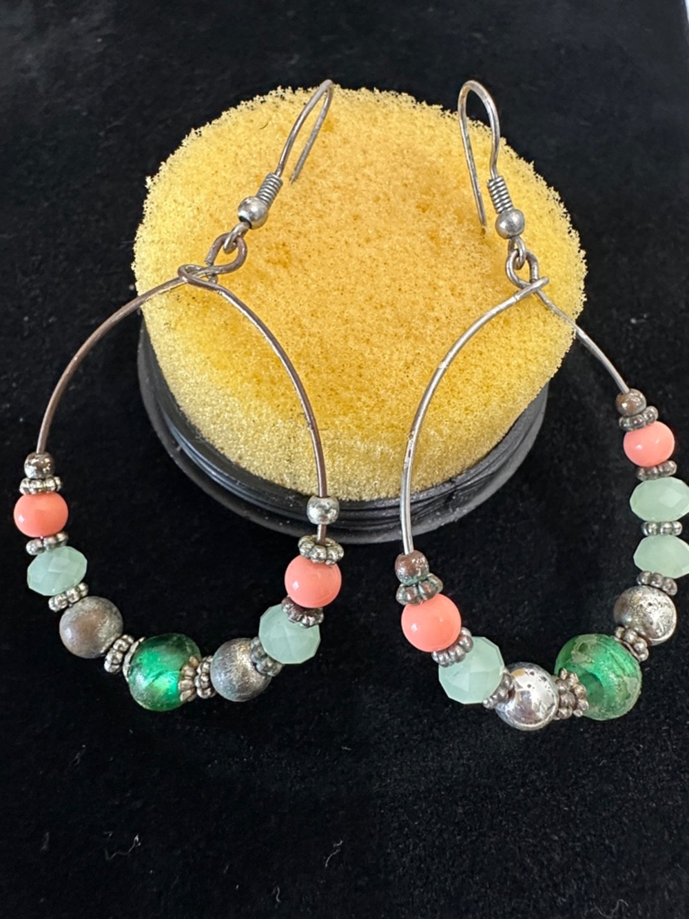 Handmade Green & Coral Bead Hoop Earrings - Women Jewelry